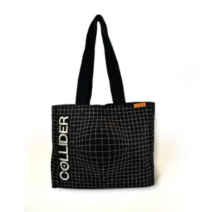 front view of black square tote bag with black handles hanging off hook. The bag is black with white check print and white text that spells COLLIDER with a orange rectangle woven label in the top seam