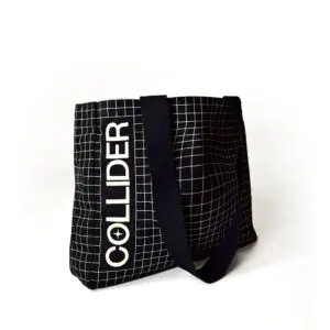 side view of black square bag with white check print all over panels and logo text that says COLLIDER. Back bag straps hang over the side of the bag