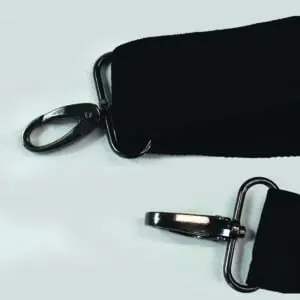 metal accessories on bag in silver with black adjustable strap