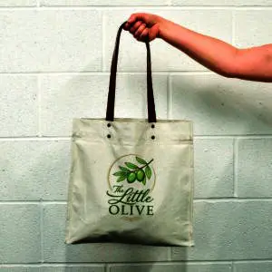 hand holding canvas tote with leather handles and logo print