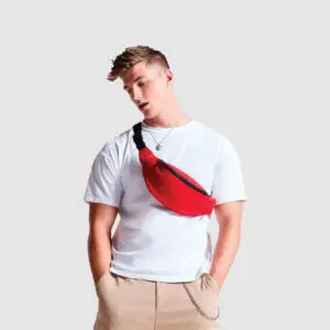 person in white t shirt carrying a red cross body bag with black zip and strap