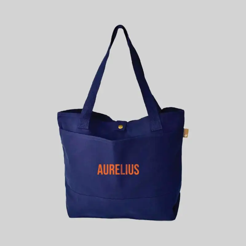 front view of navy blue bag with metal popper closure