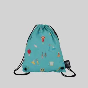 cinch bag for Royal Opera House in light blue with all over digital print and black drawcords how to work with a British vendor