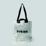 Custom bag design with short and long shoulder straps, clear panels of bag with black logo print