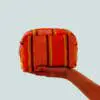 orange striped terry cloth wash bag held on the side by a hand