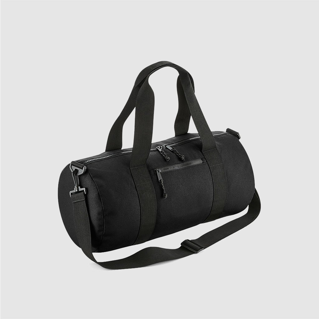 Recycled Barrel Bag in black, with long handles and rpet material