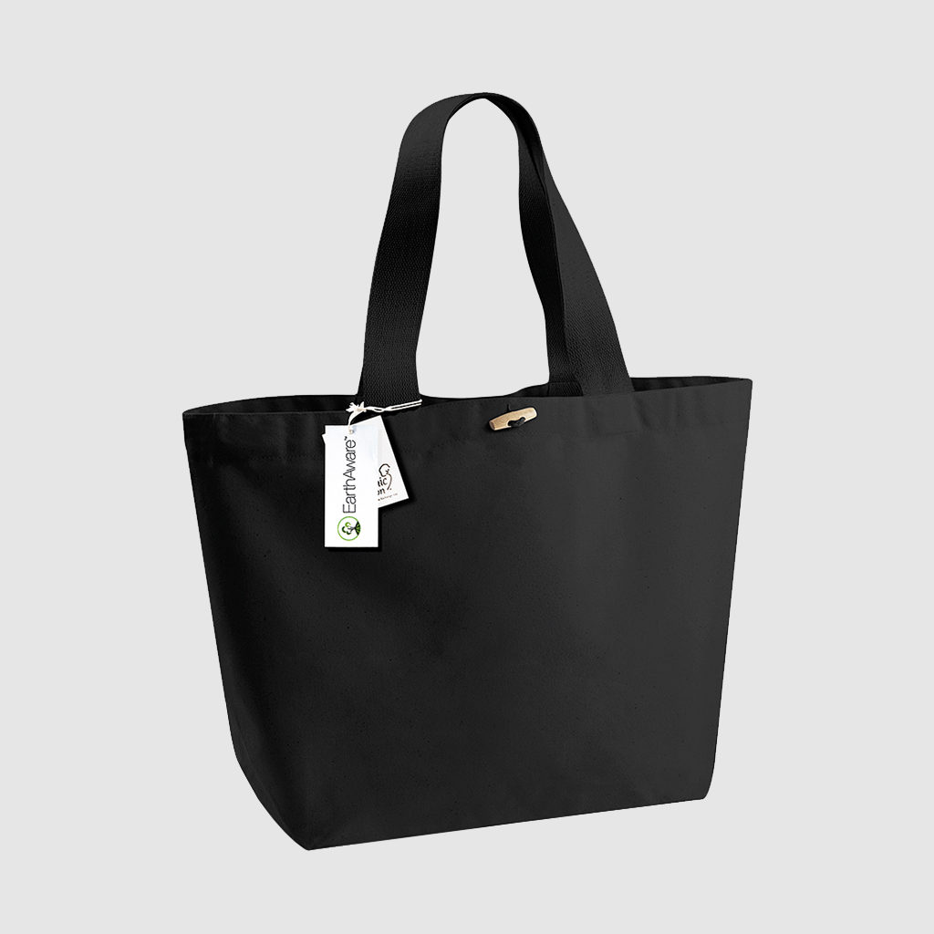 Custom cotton toggle shopper in black, made from cotton with short handles