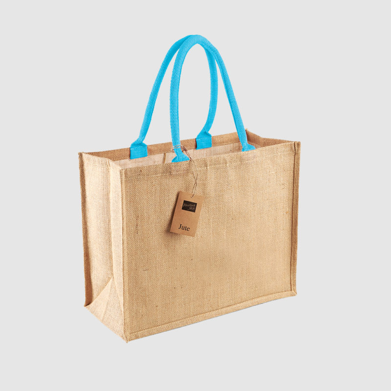Custom laminated jute shopper, with long handles for hand carry, wide variety of colours