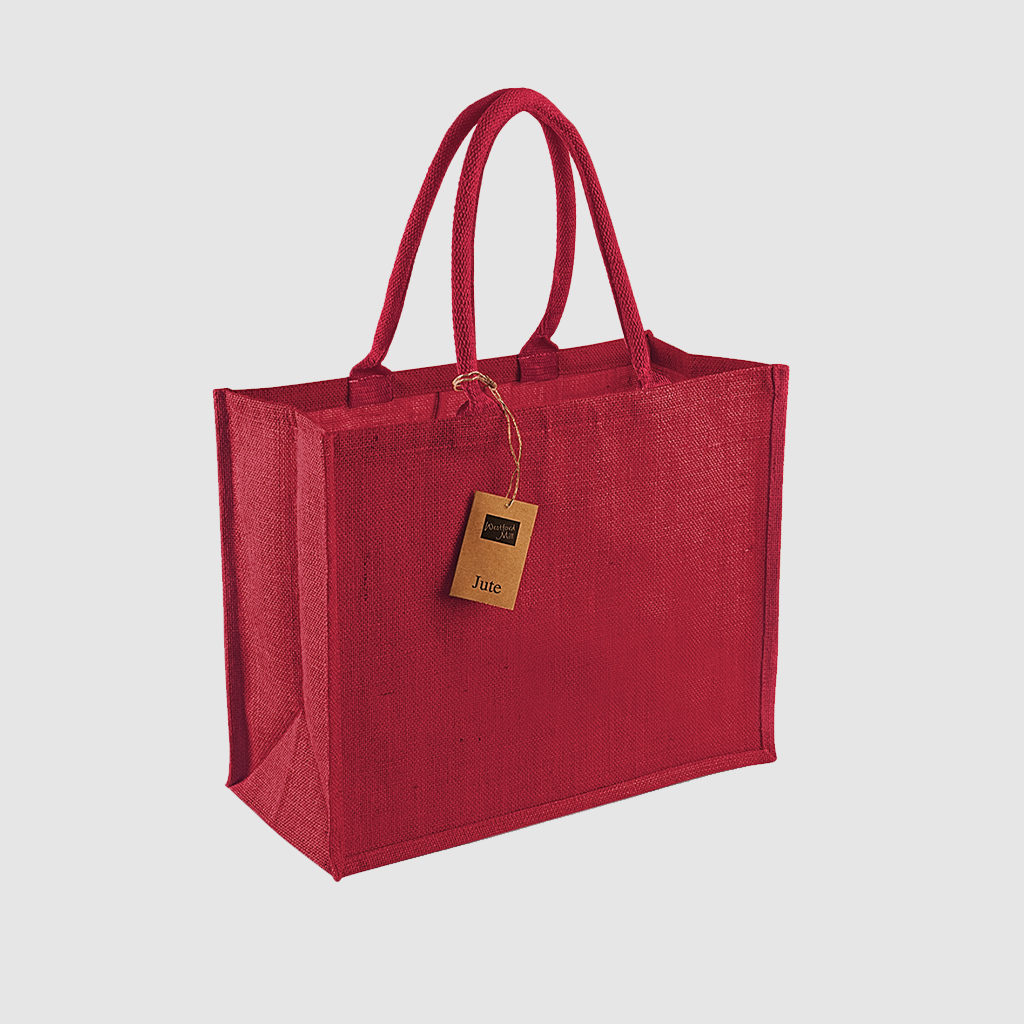 Custom laminated jute shopper, with long handles for hand carry, wide variety of colours