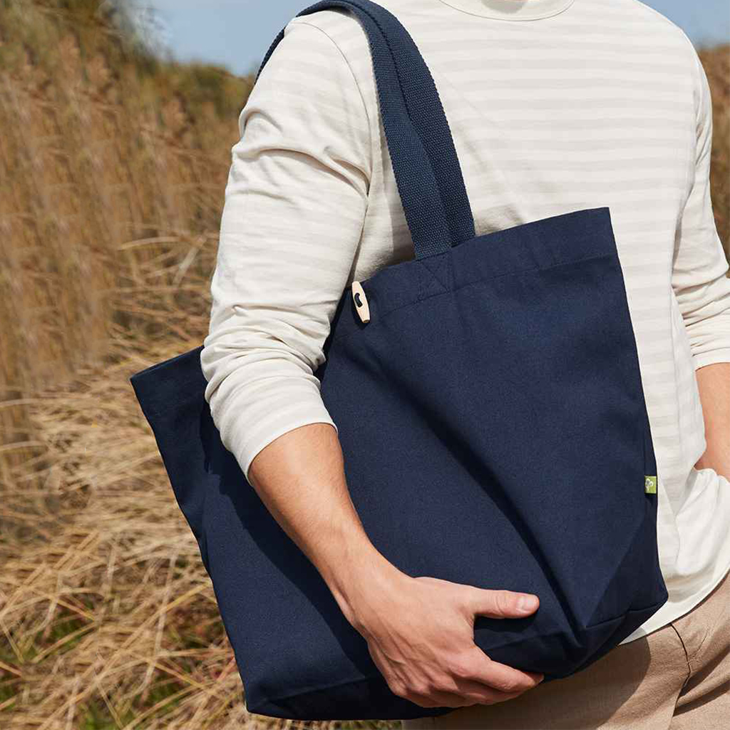 Man Outside Wearing French Navy 10oz Organic Cotton Toggle Landscape Canvas Shopper