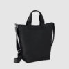 Custom sling bag, in black with top handle and adjustable cross-body/shoulder strap. Zip top closure and wide base