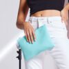 Woman Holding Mint Cosmetic Bag Grab Pouch