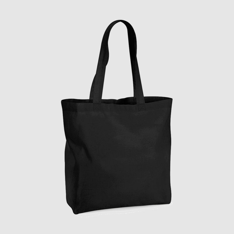 Custom organic gusset tote bag with short handles and black embroidery, made from organic cotton