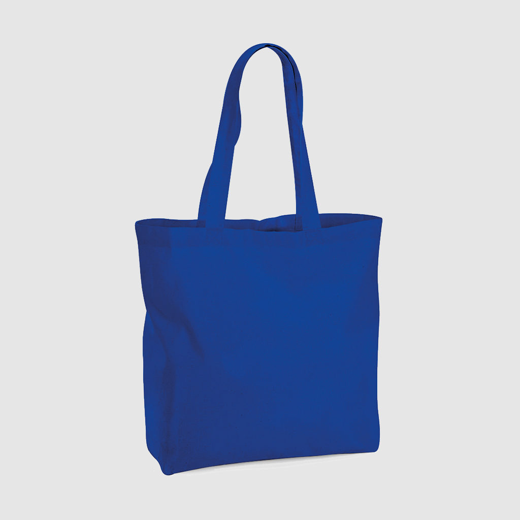 Custom organic gusset tote bag with short handles and black embroidery, made from organic cotton