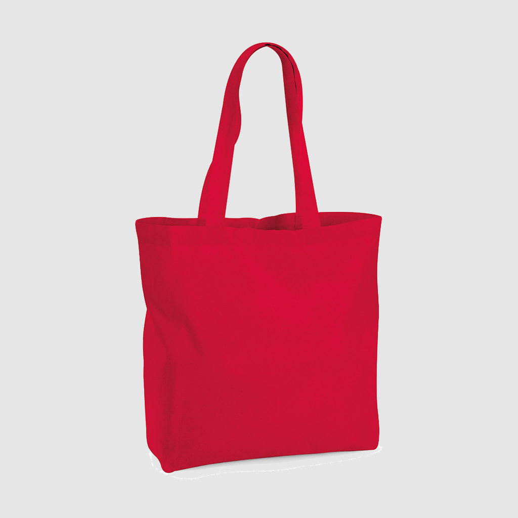 Custom organic gusset tote bag with short handles and black embroidery, made from organic cotton