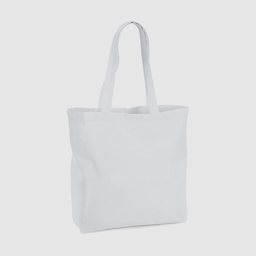 Custom organic gusset tote bag with short handles and black embroidery, made from organic cotton