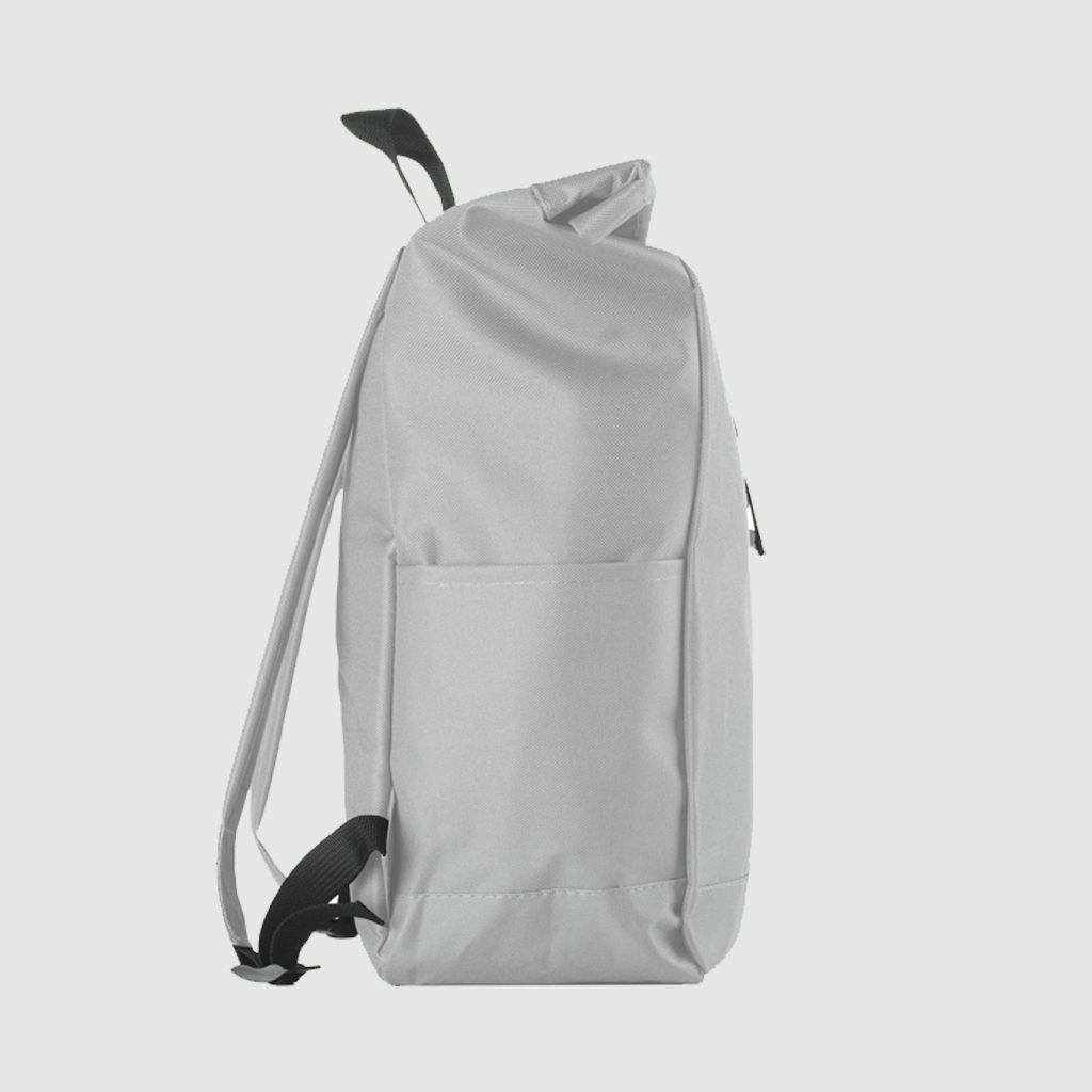 Custom rolled top rucksack with black stitching and interior pocket