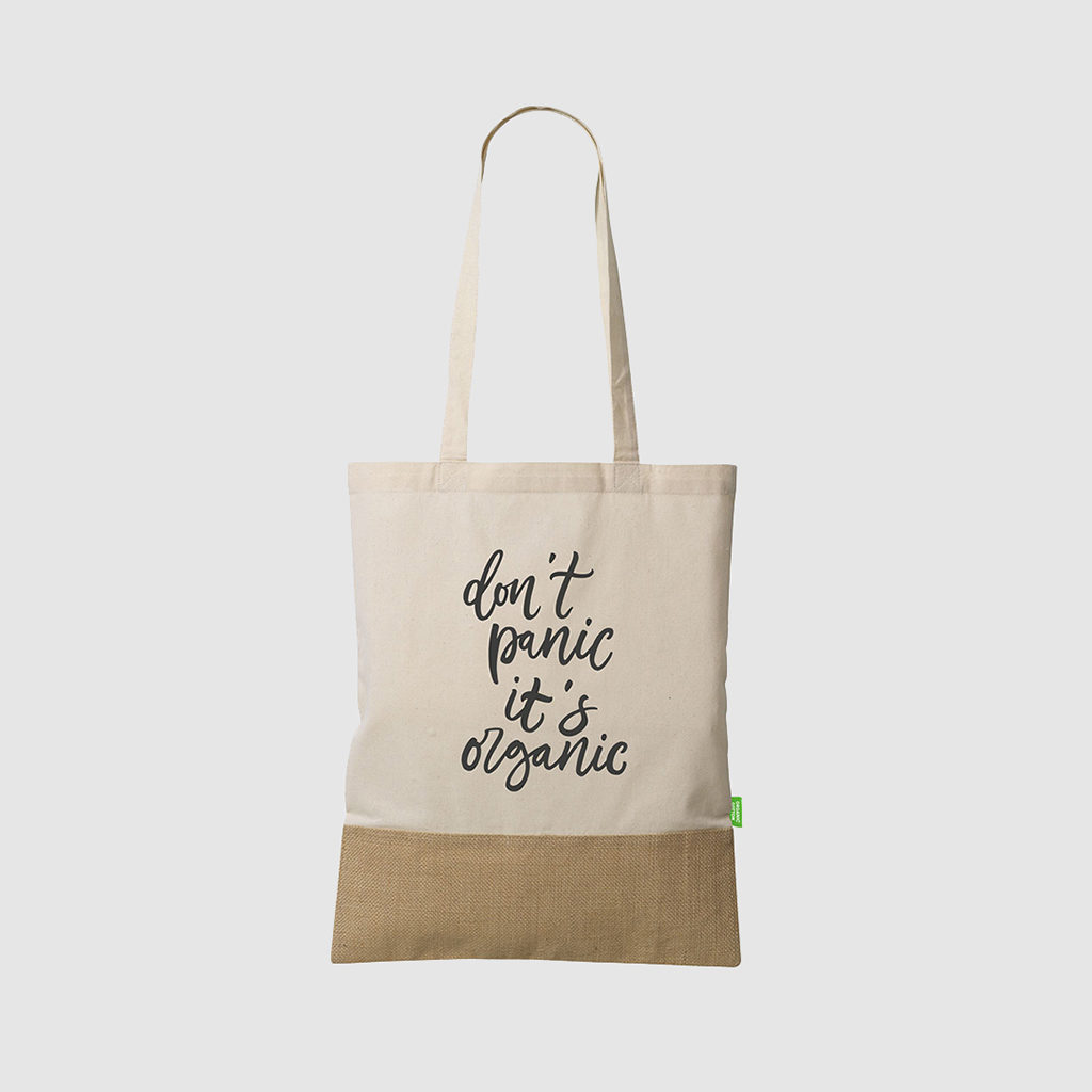Custom organic cotton and jute tote bag, with long handles