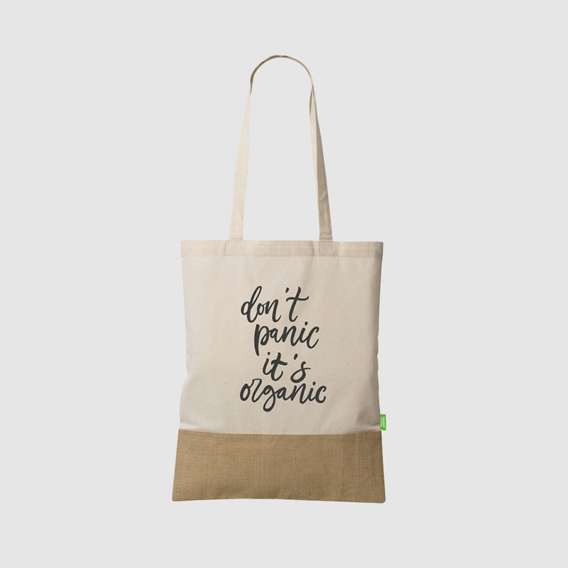 Custom organic cotton and jute tote bag, with long handles