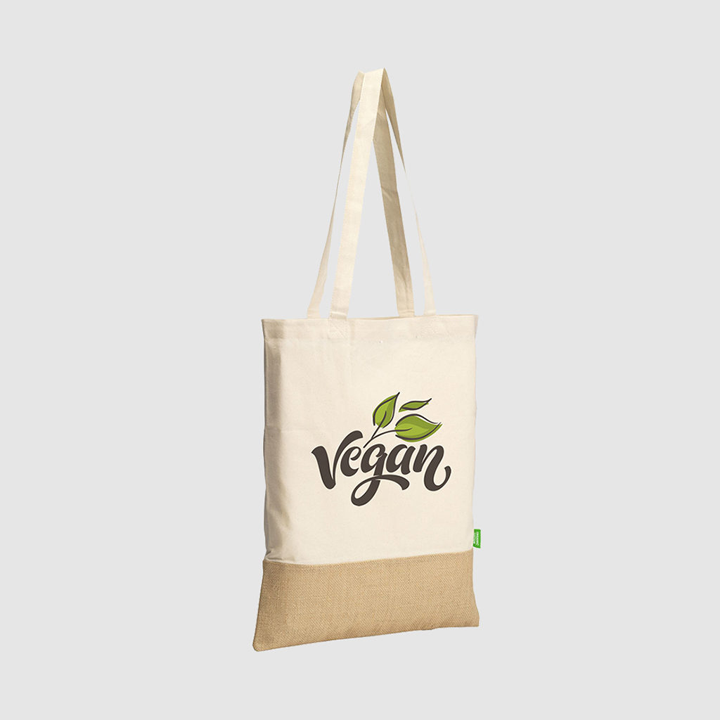 Custom organic cotton and jute tote bag, with long handles
