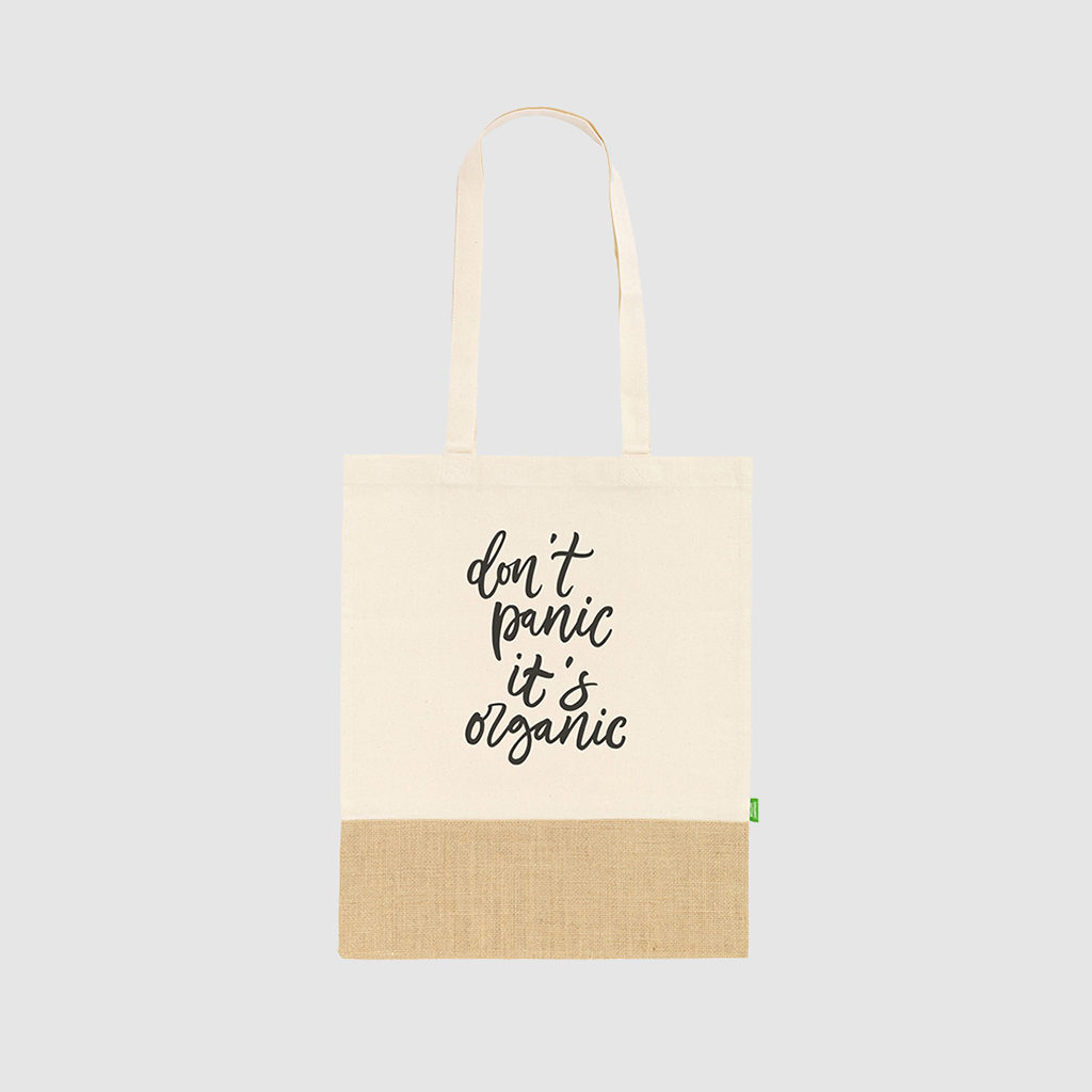 Custom organic cotton and jute tote bag, with long handles