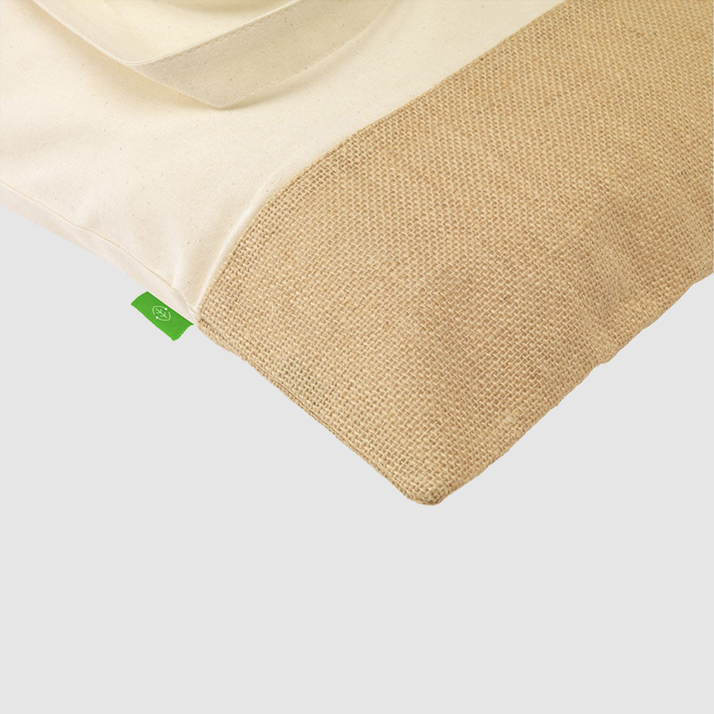 Custom organic cotton and jute tote bag, with long handles