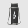 black bottle bag with a grey strap and grey zip and white print from the front view