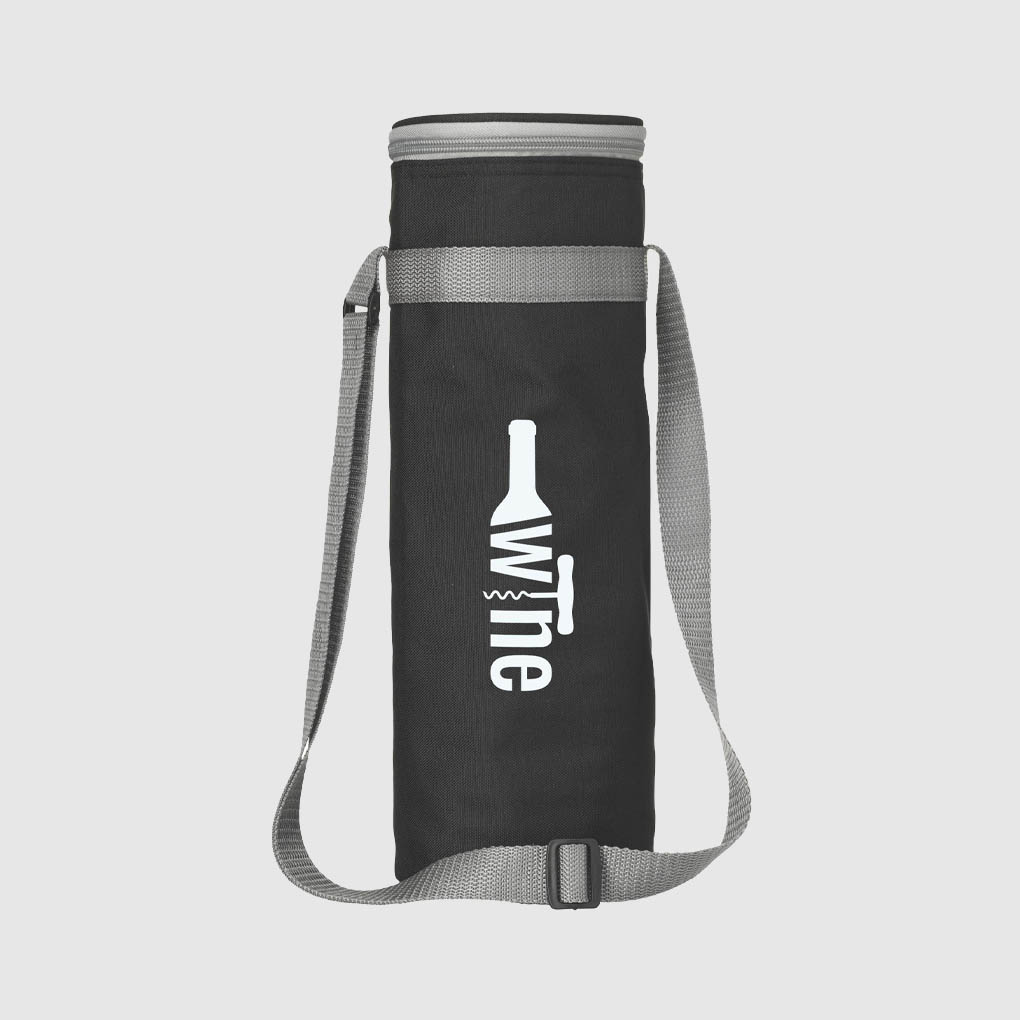 black bottle bag with a grey strap and grey zip and white print from the front view