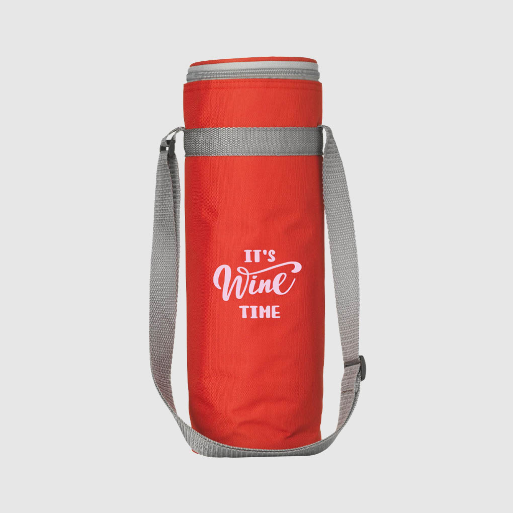red bottle cooler bag with a grey strap and grey zip and white print from the front view