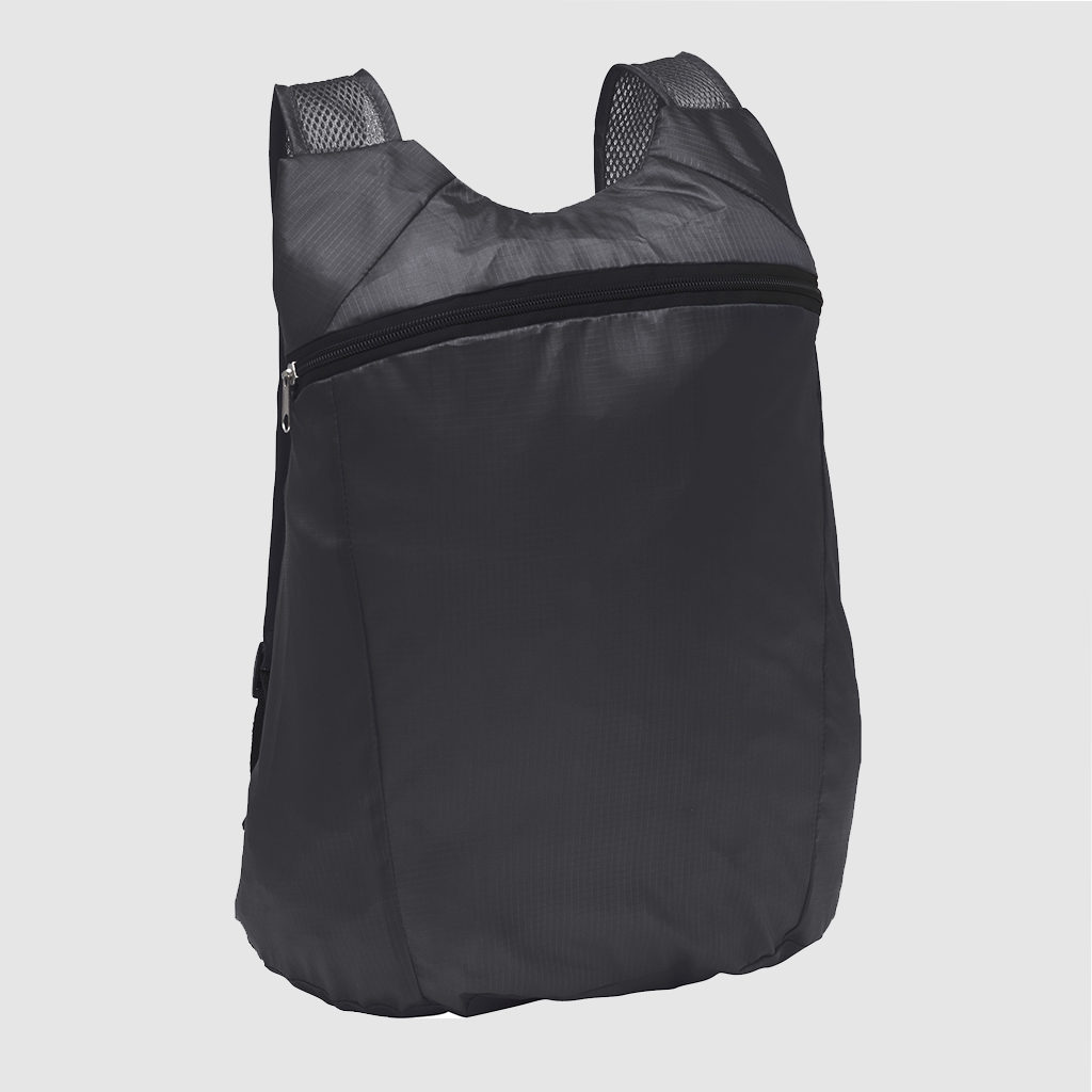 Custom fold up backpack two netted shoulder handles and compact packing into a small pouch