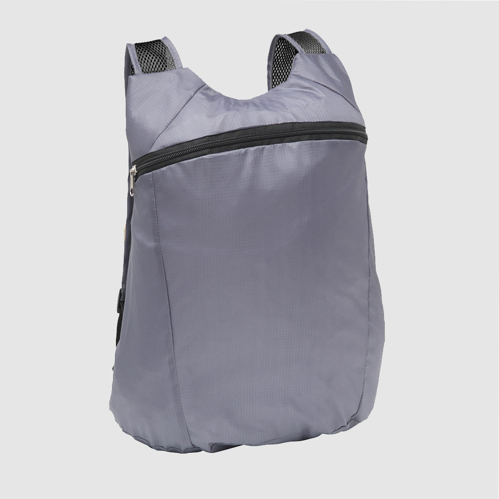 Custom fold up backpack two netted shoulder handles and compact packing into a small pouch