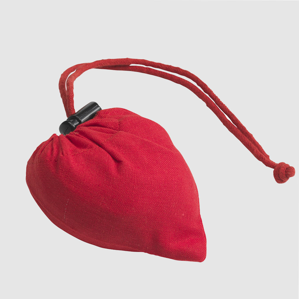red folding bag in it's own pocket shaped like a strawberry