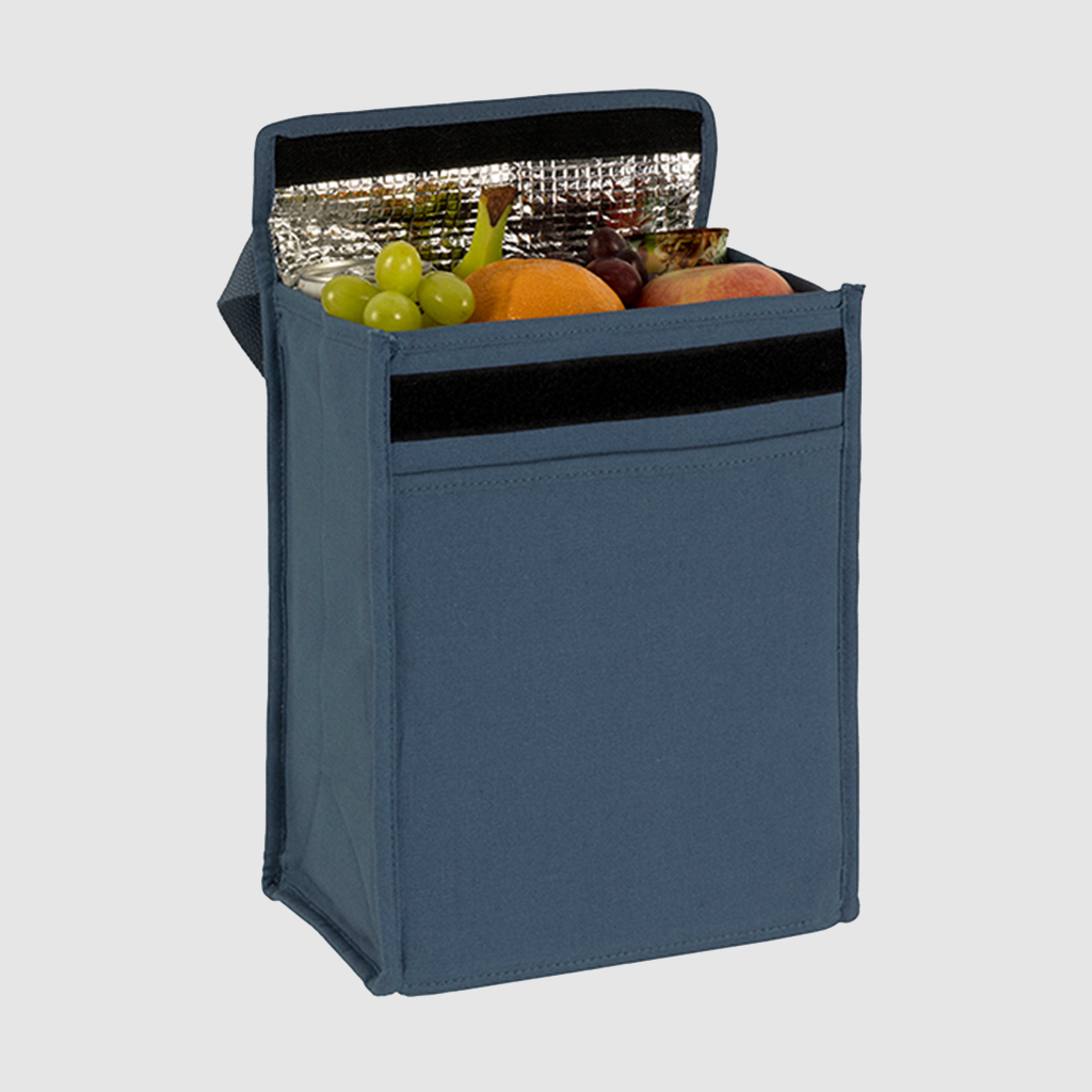 Navy Blue Cotton Lunch Cooler Filled With Mixed Fruits- Bag Workshop