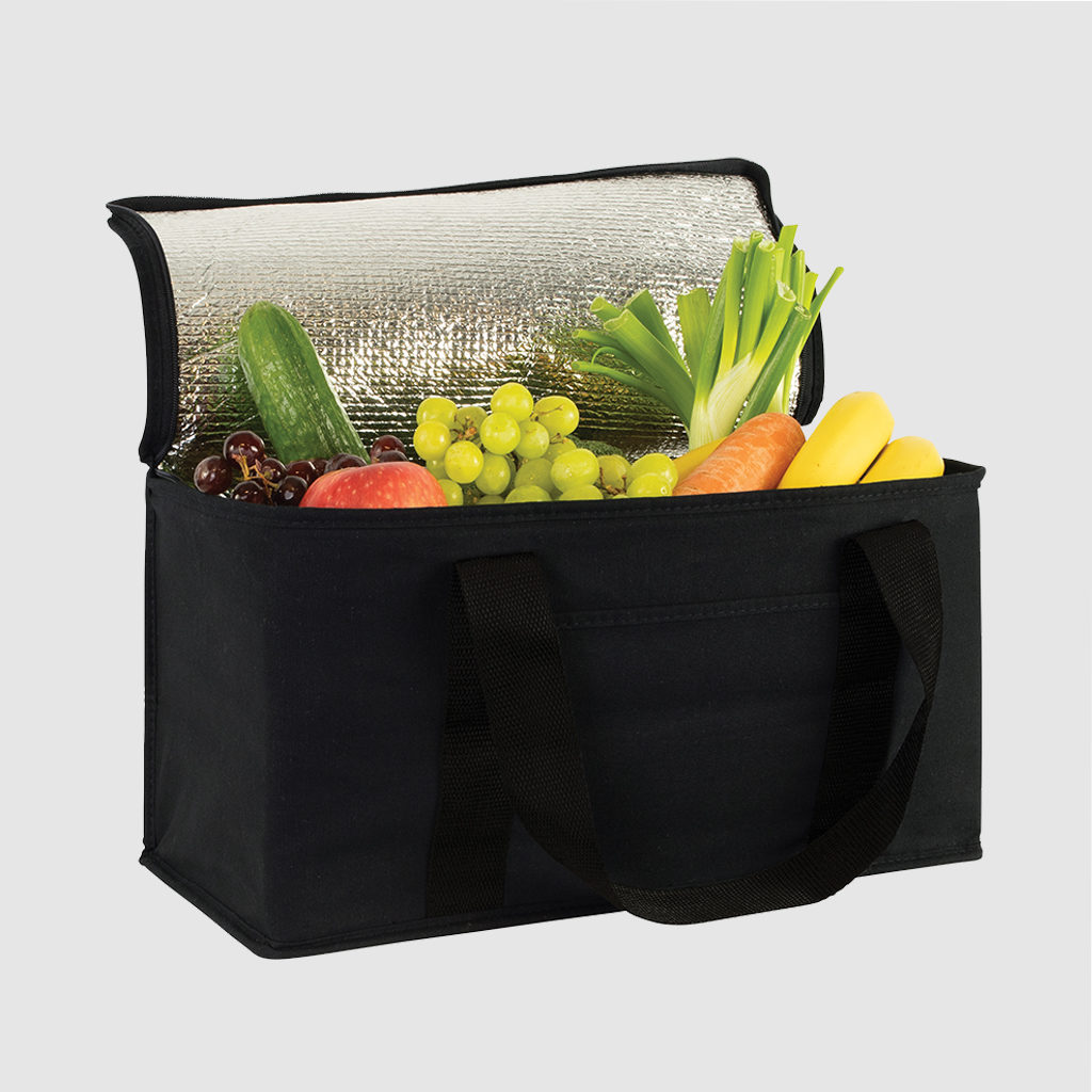 Custom cotton lunch cooler with a long handle and aluminium lining