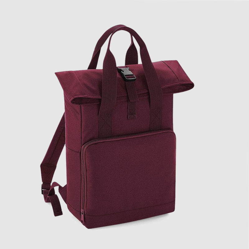 Polyester rolltop backpack with padded adjustable shoulder straps with padded back panel and large front zip pocket and organiser section, capacity 14 litres