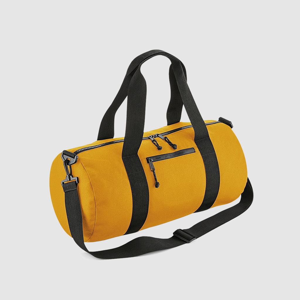 Recycled Barrel Bag in black, with long handles and rpet material