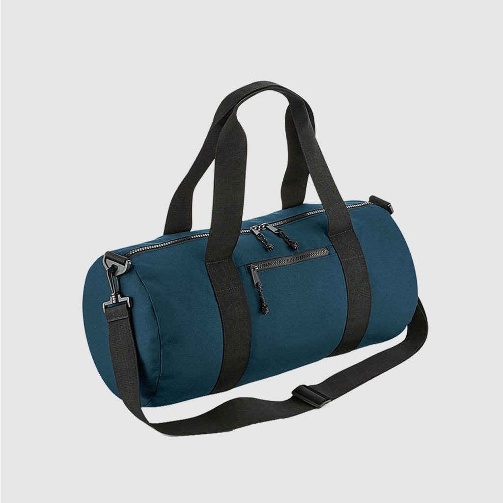 Recycled Barrel Bag in black, with long handles and rpet material