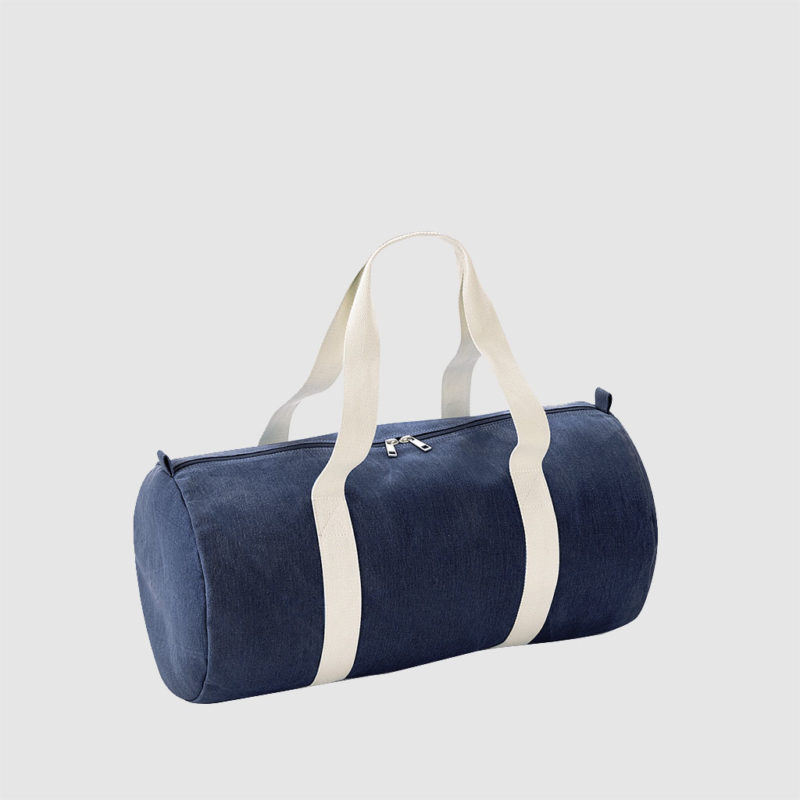 Custom denim barrel bag with contrasting white handles