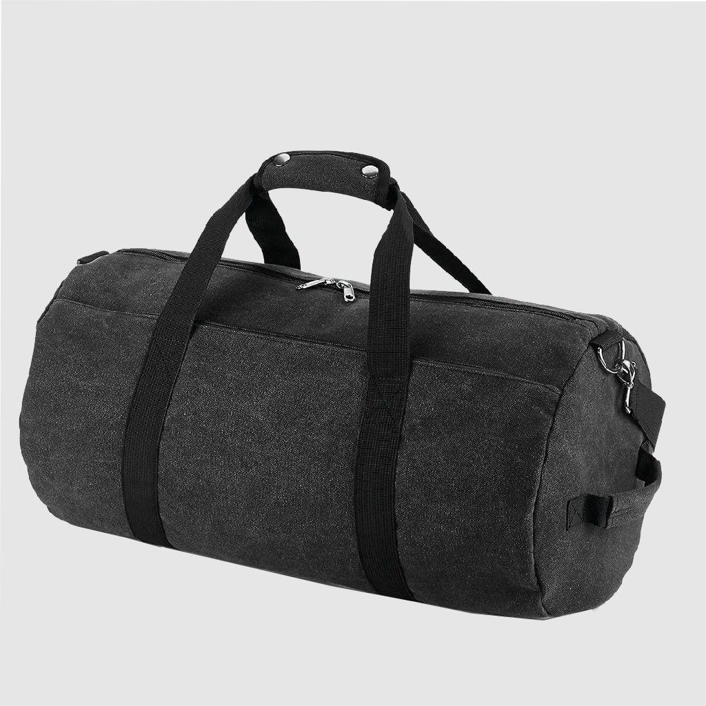 Custom vintage canvas barrel bag, made from washed canvas