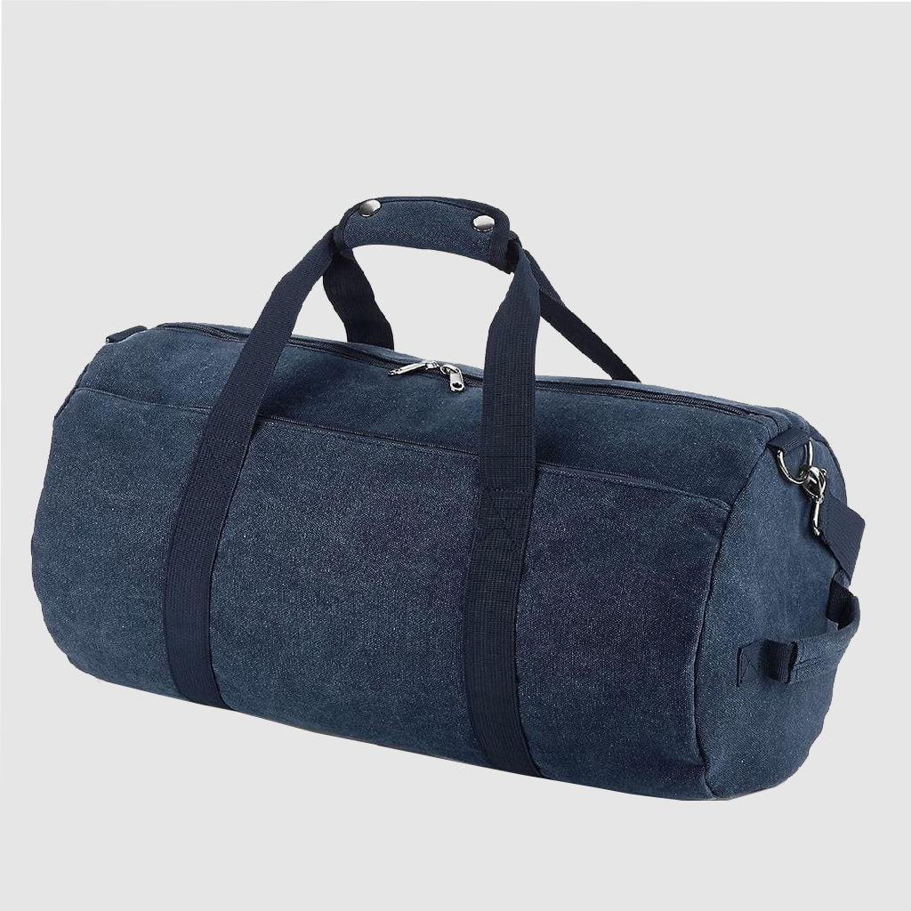 Custom vintage canvas barrel bag, made from washed canvas