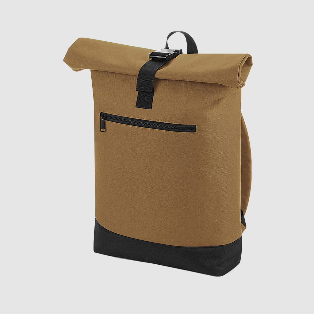 Custom roll top backpack, with padded handle, a shorter handle and an exterior pocket