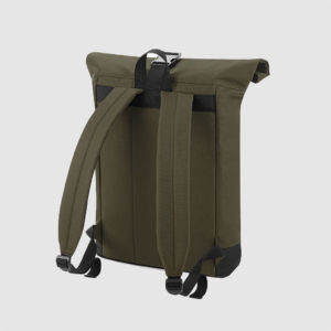 Custom roll top backpack, with padded handle, a shorter handle and an exterior pocket