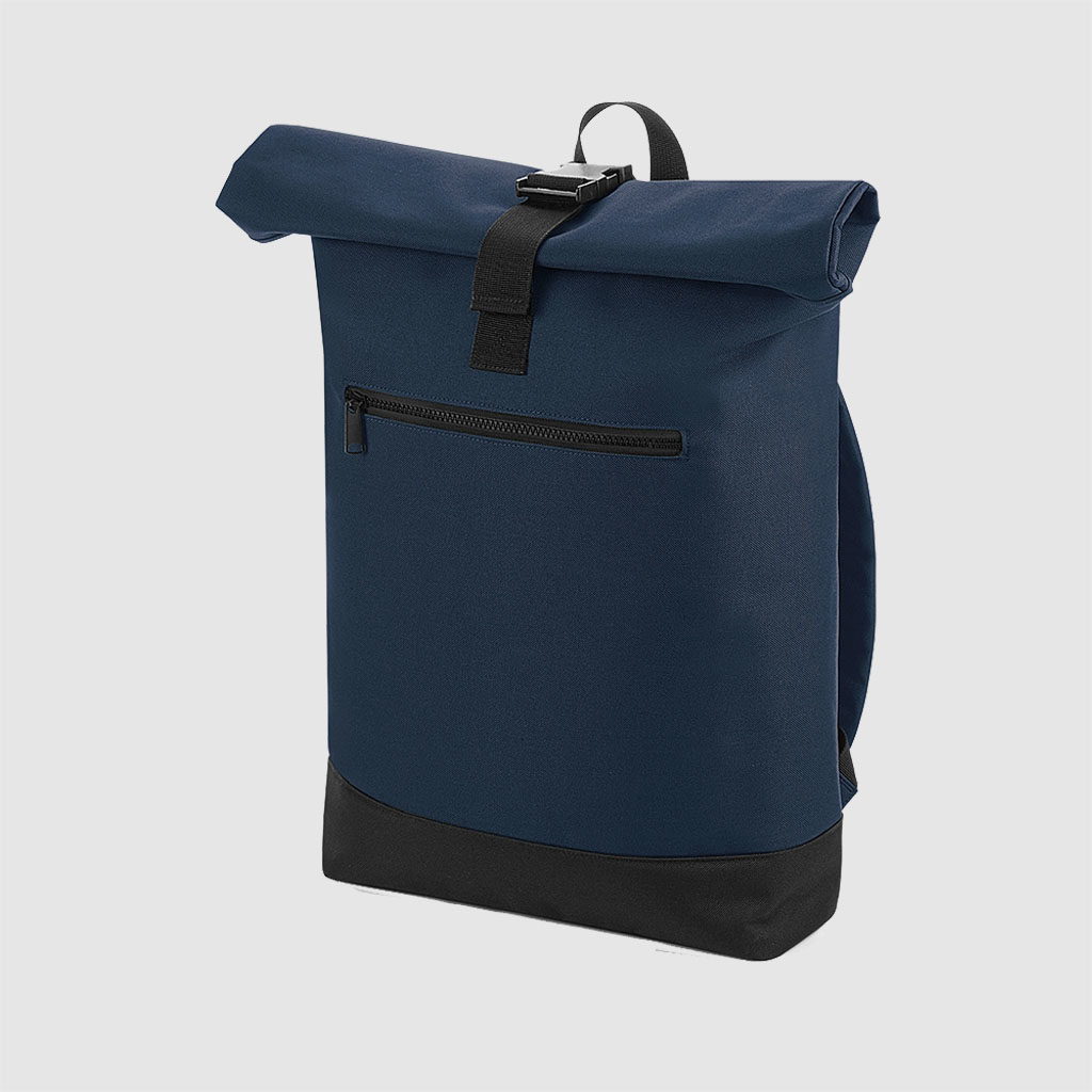 Custom roll top backpack, with padded handle, a shorter handle and an exterior pocket