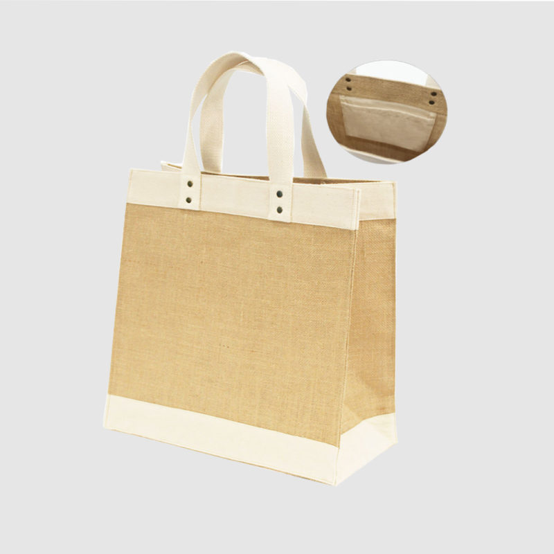 Custom jute bag with canvas trim and metal rivets