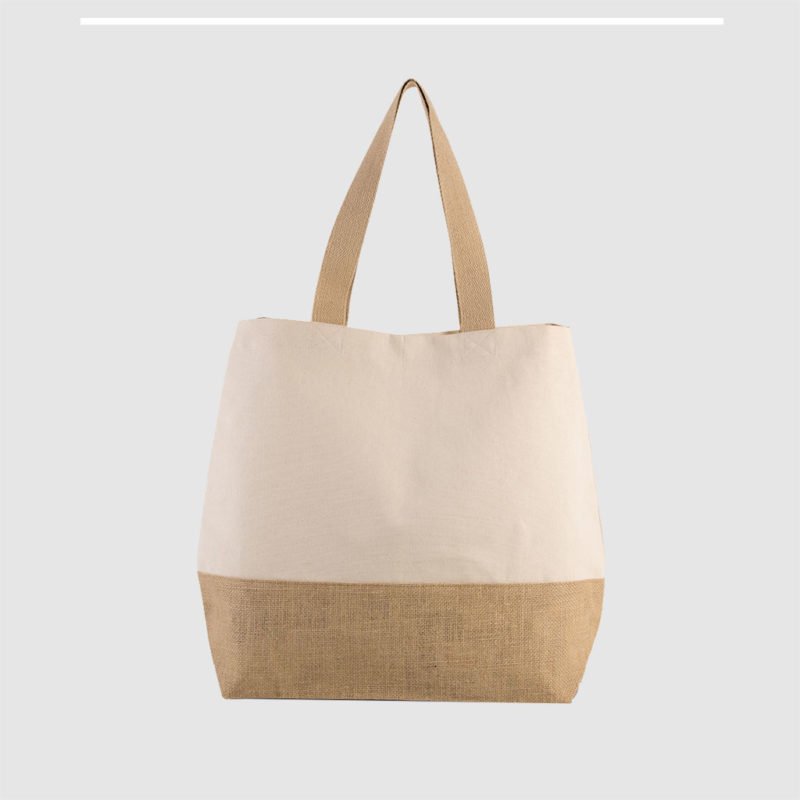 Custom contrast beach bag mad in natural, laminated jute base and long cotton webbed handles