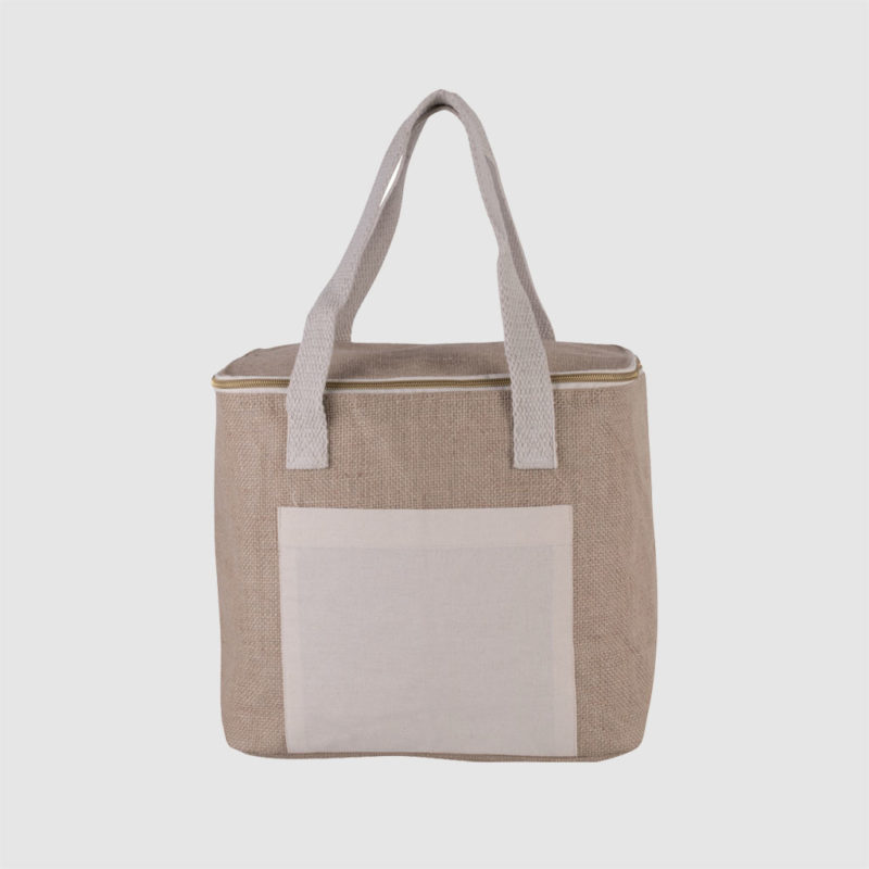 Custom sustainable fabric jute cool bag with front pocket made of jute and canvas