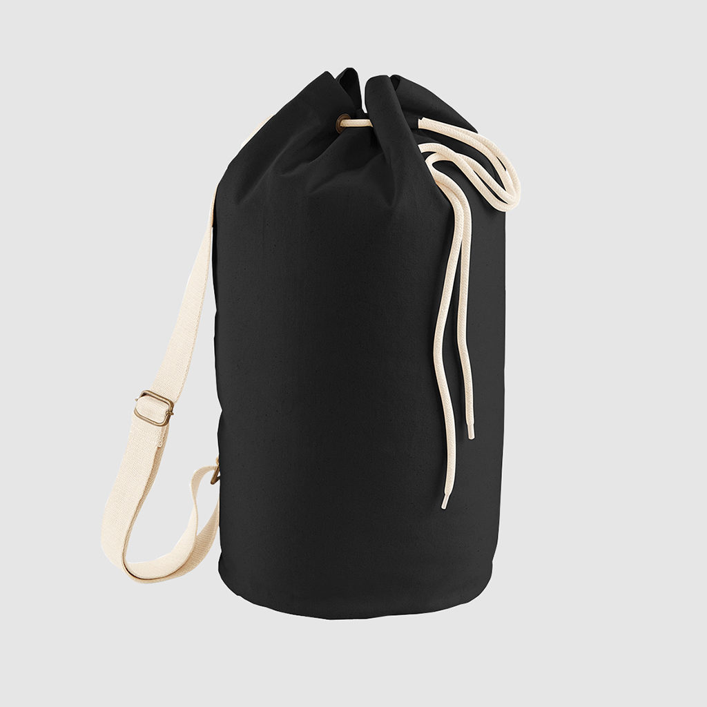 Custom draw cord duffel bag, made with organic cotton canvas and with an adjustable shoulder strap