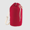 red duffel bag with natural coloured adjustable strap