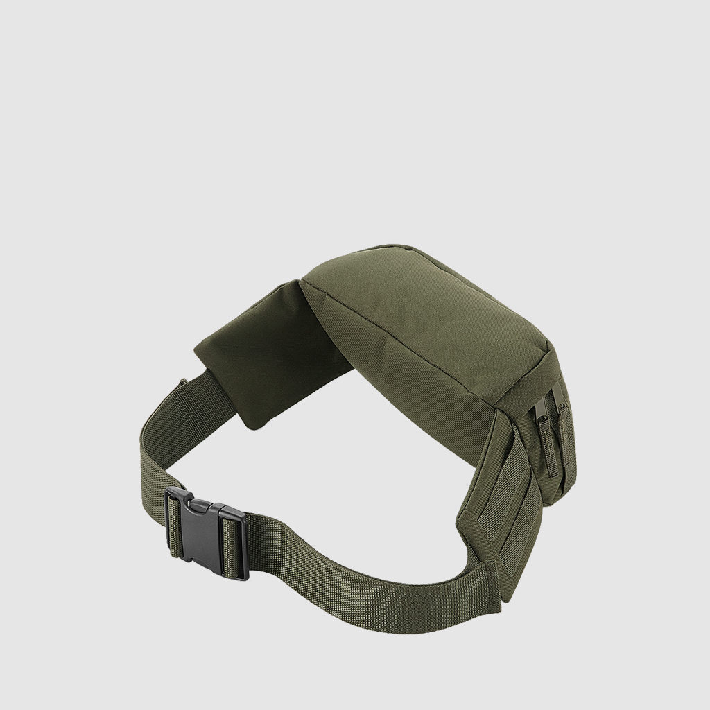 Custom khaki utility waist pack with an adjustable belt