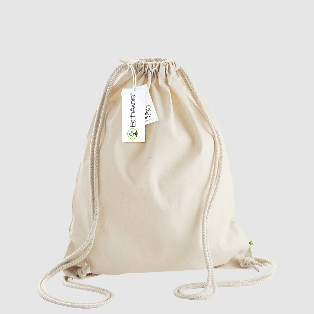 Custom black gymsac made with organic cotton canvas, drawstring handles